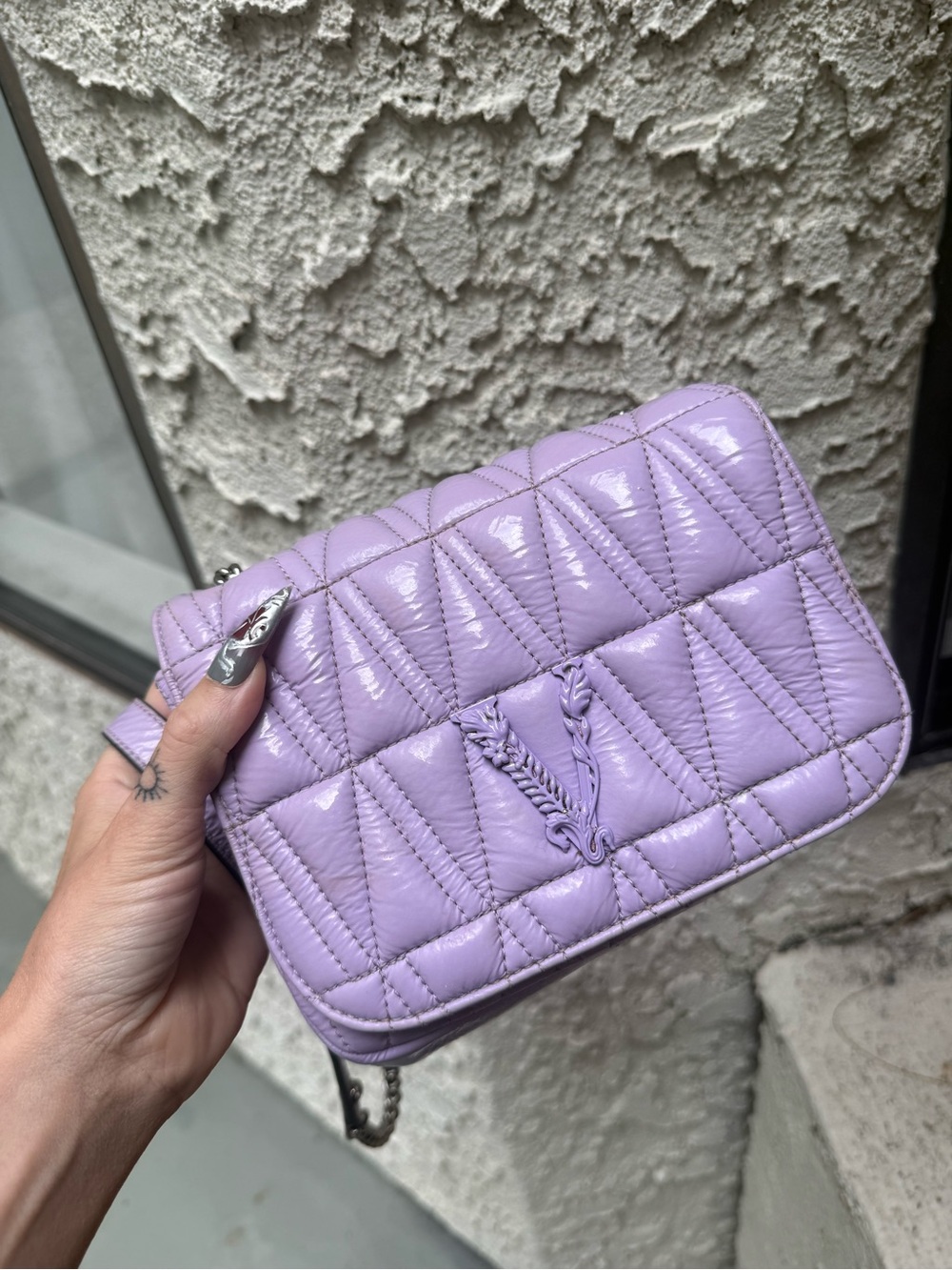Authentic Versace Virtus Bag – Jacaranda Patent Leather